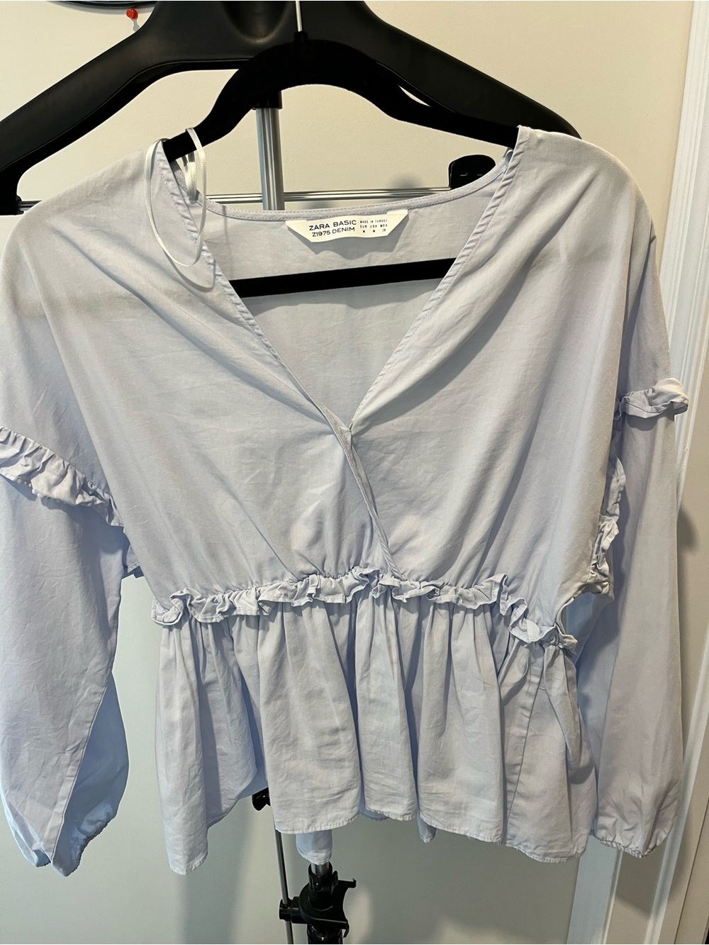 Zara Light Blue Ruffle Peplum Wrap Blouse